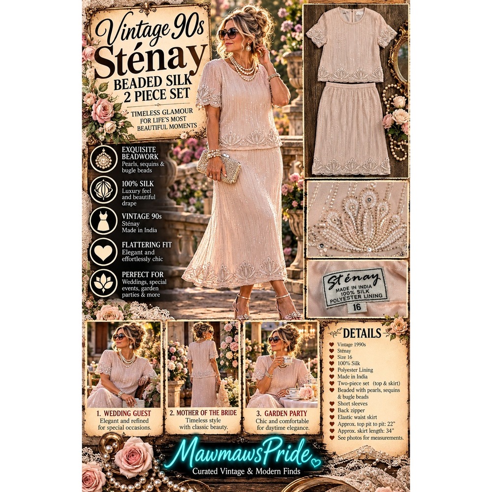 Vintage 90s Stenay Silk Beaded 2 Piece Skirt Set 16 Blush Pink Evening